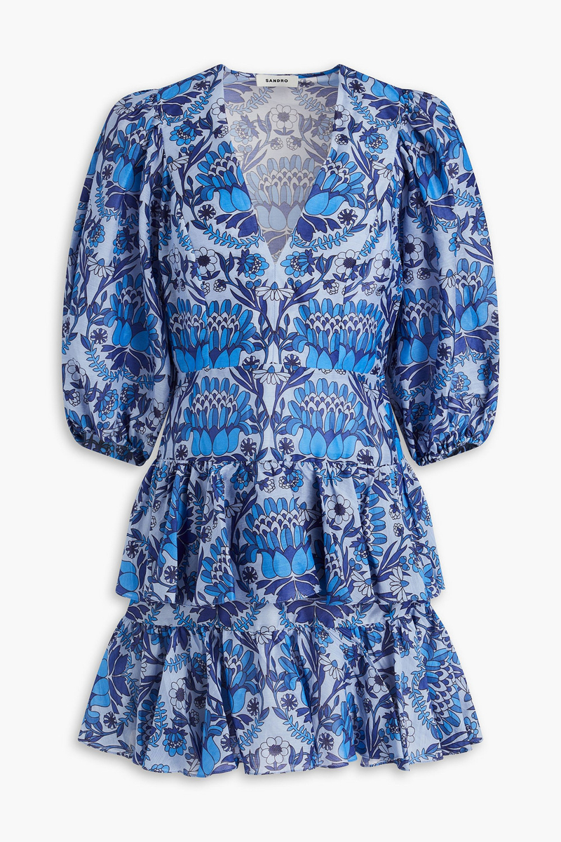 Sandro - Tiered printed linen-blend gauze mini dress - Blue - FR 40
