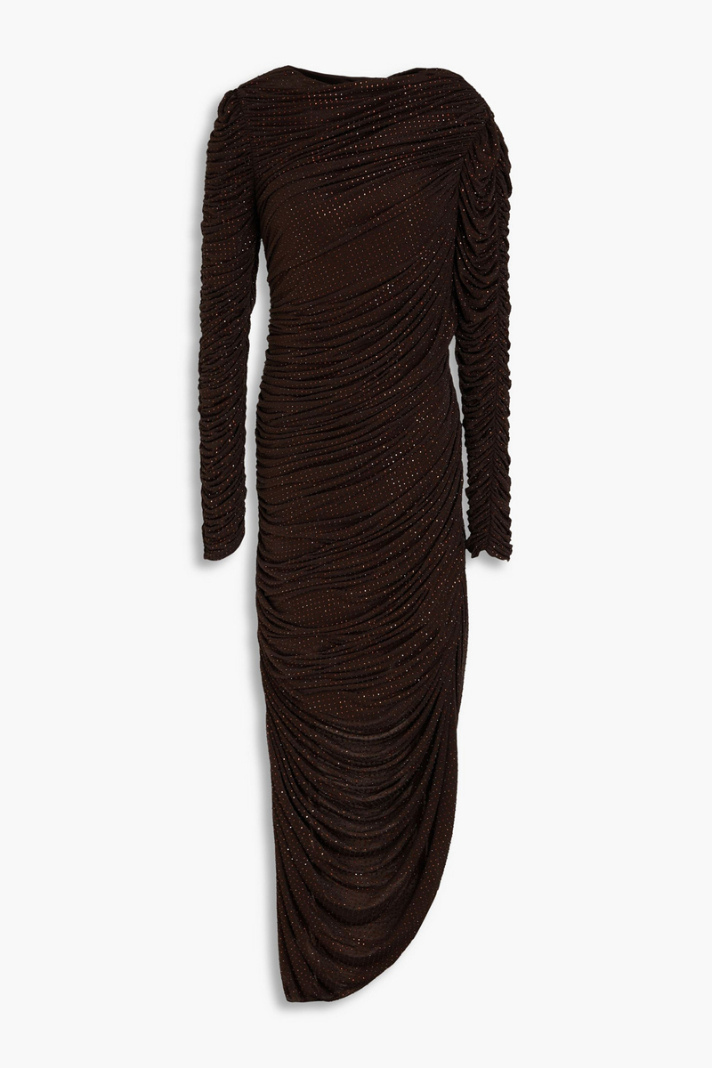 simkhai - sanders crystal-embellished ruched jersey maxi dress - brown - xs