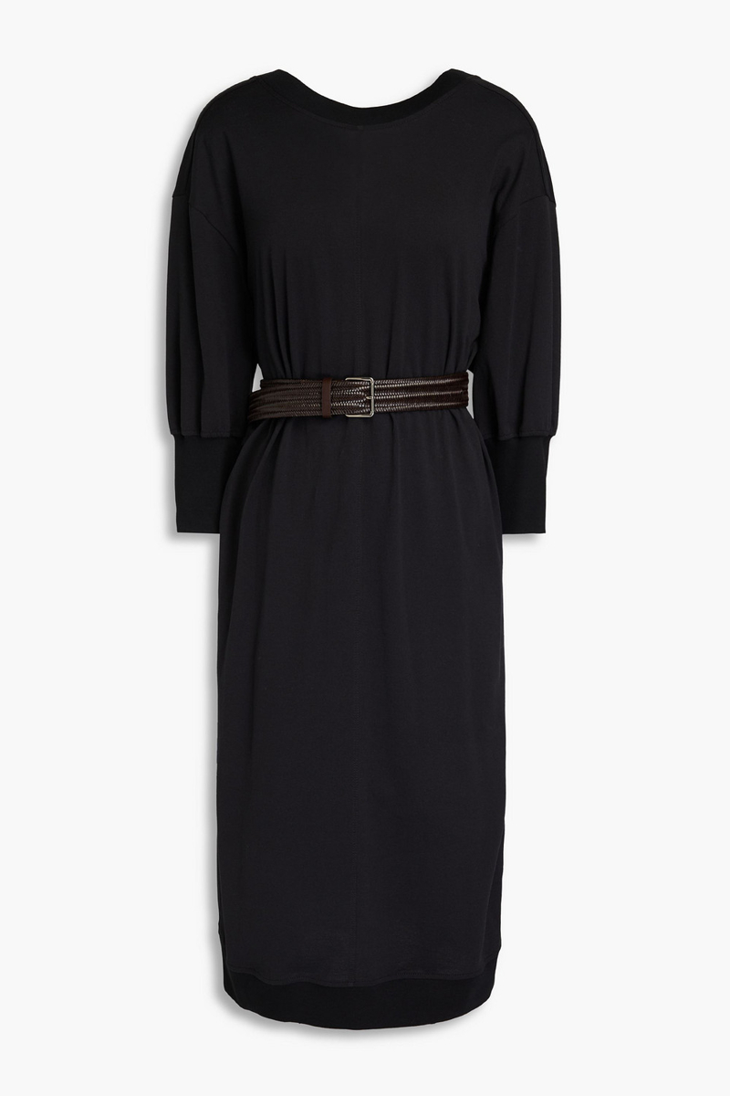 Brunello Cucinelli - Belted bead-embellished cotton-jersey dress - Black - M