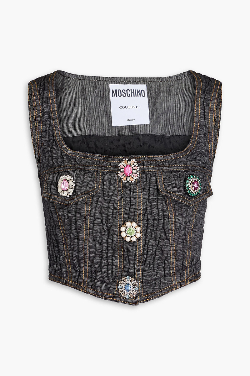 moschino - cropped crystal-embellished crinkled denim top - blue - it 40