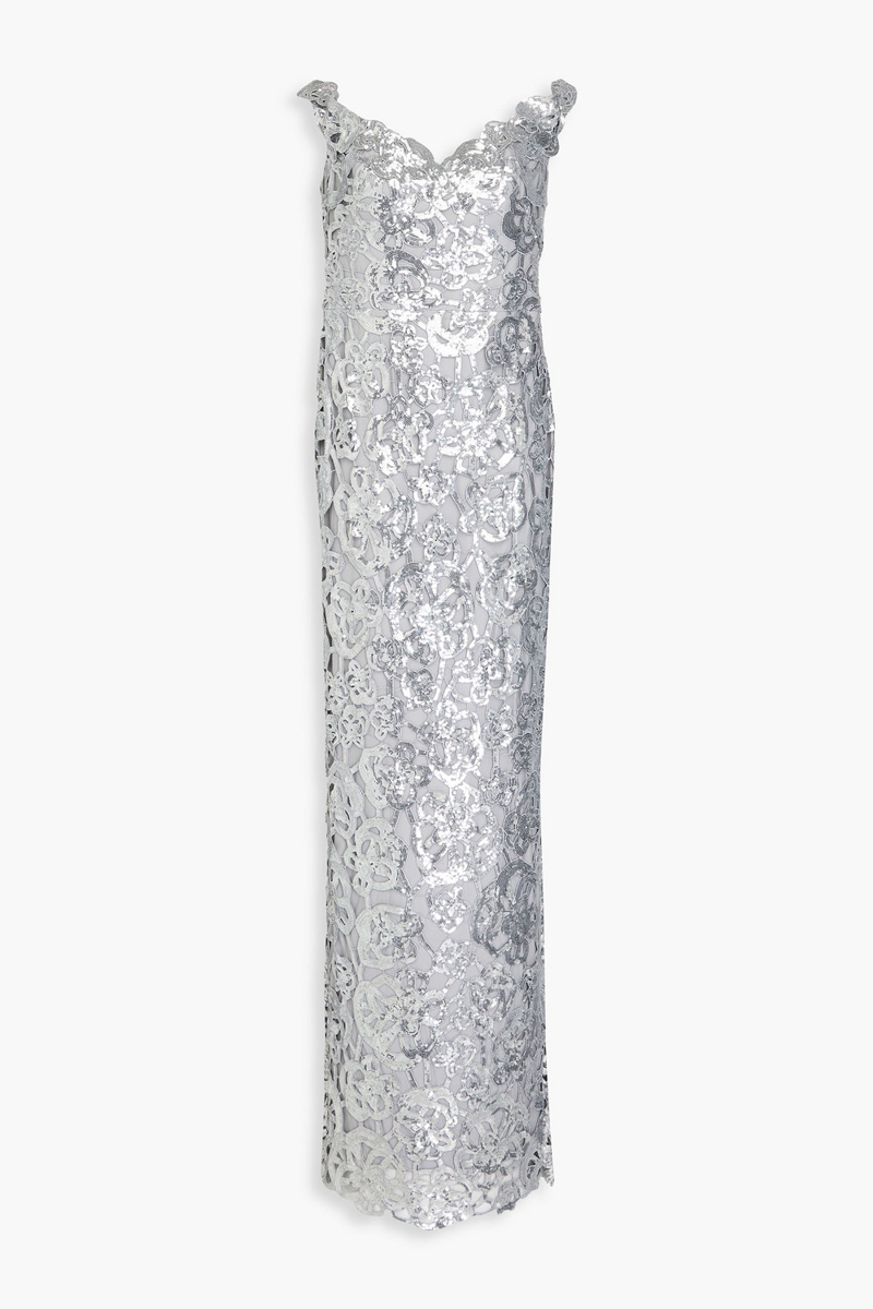 marchesa notte - off-the-shoulder sequined guipure lace gown - metallic - us 12