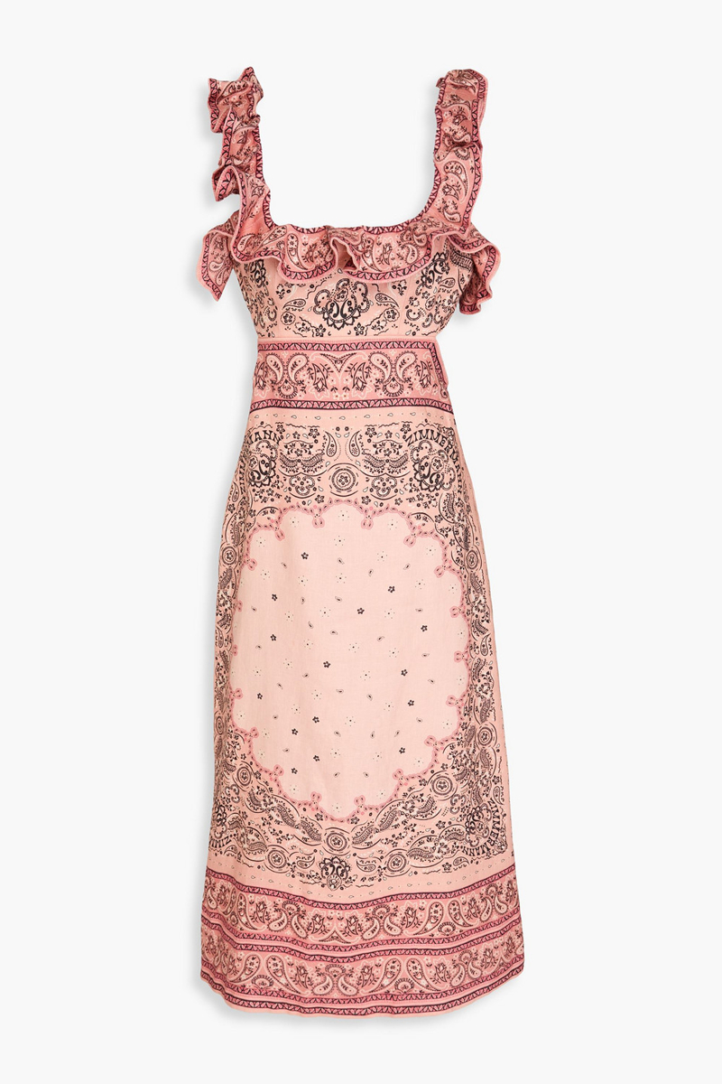 zimmermann - ruffled paisley-print linen midi dress - pink - 00