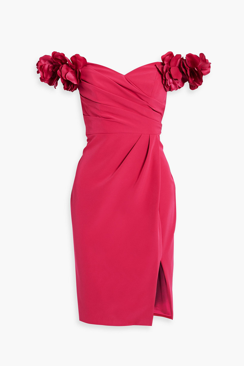 Marchesa Notte - Off-the-shoulder appliquéd pleated crepe dress - Pink - US 4