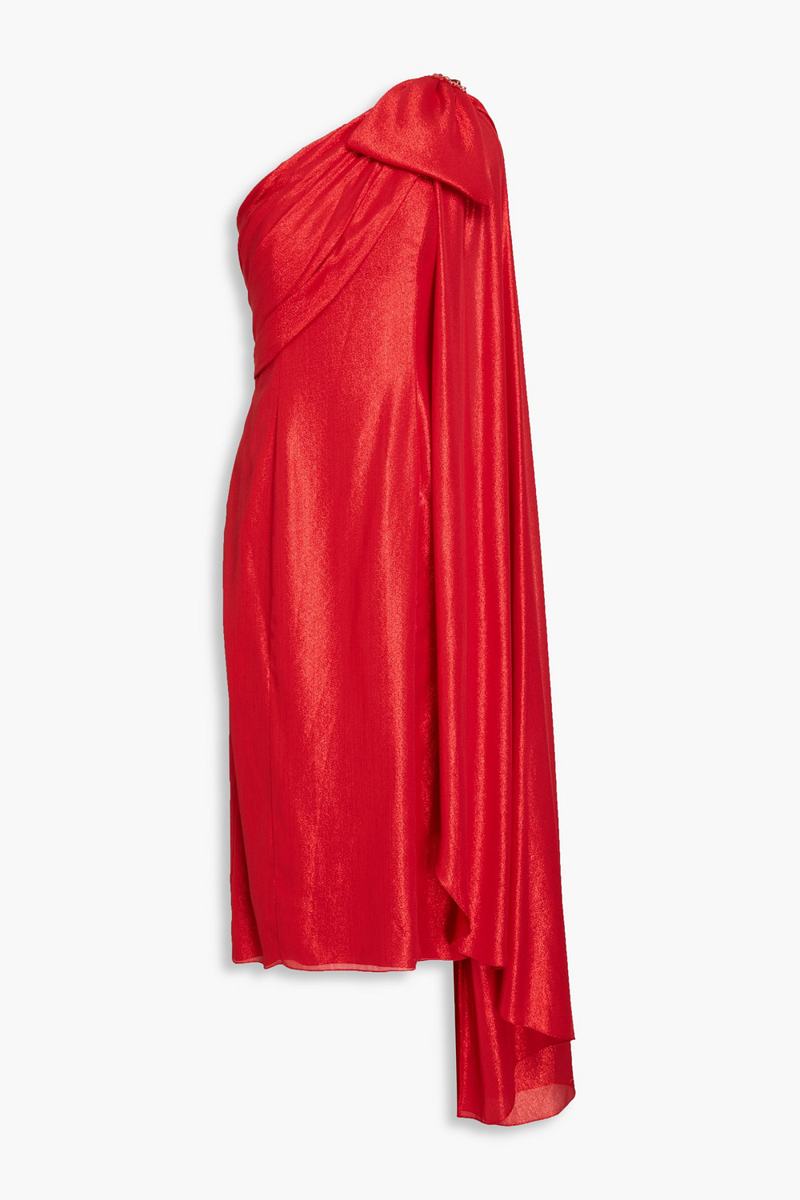 Jenny Packham - One-shoulder bow-detailed lamé midi dress - Red - UK 14