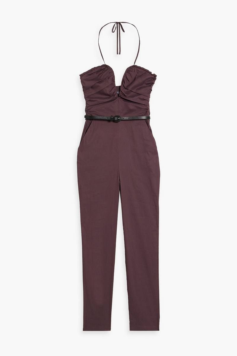 Zeynep Arcay - Pleated cotton-blend poplin halterneck jumpsuit - Burgundy - US 0