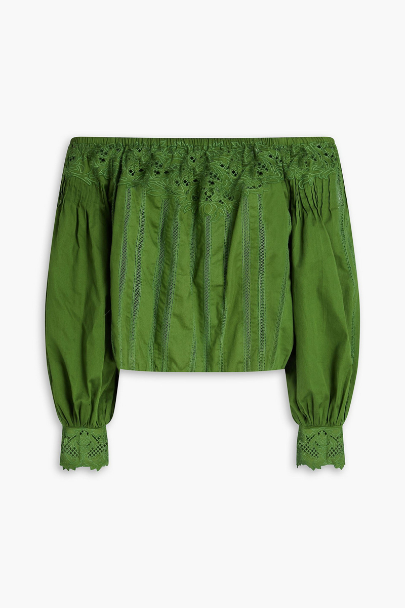 alice olivia - nan off-the shoulder lace and cotton top - green - s