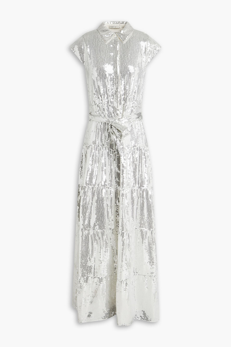 alice olivia - miranda sequined woven maxi shirt dress - metallic - us 2