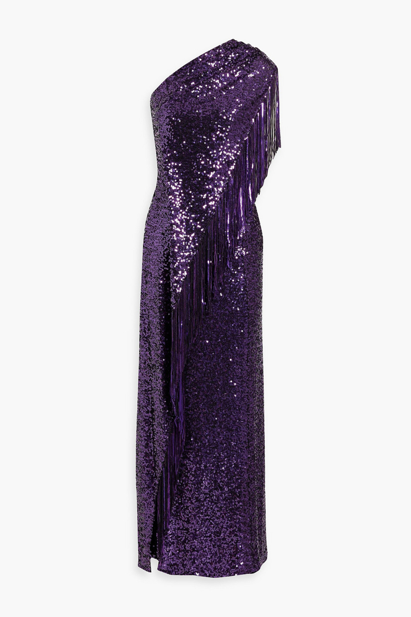 Badgley Mischka - One-shoulder draped sequined woven gown - Purple - US 4