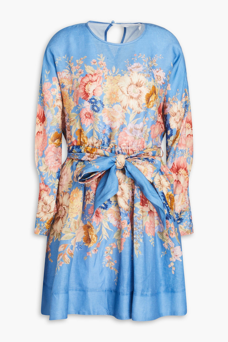 zimmermann - belted floral-print linen mini dress - blue - 00