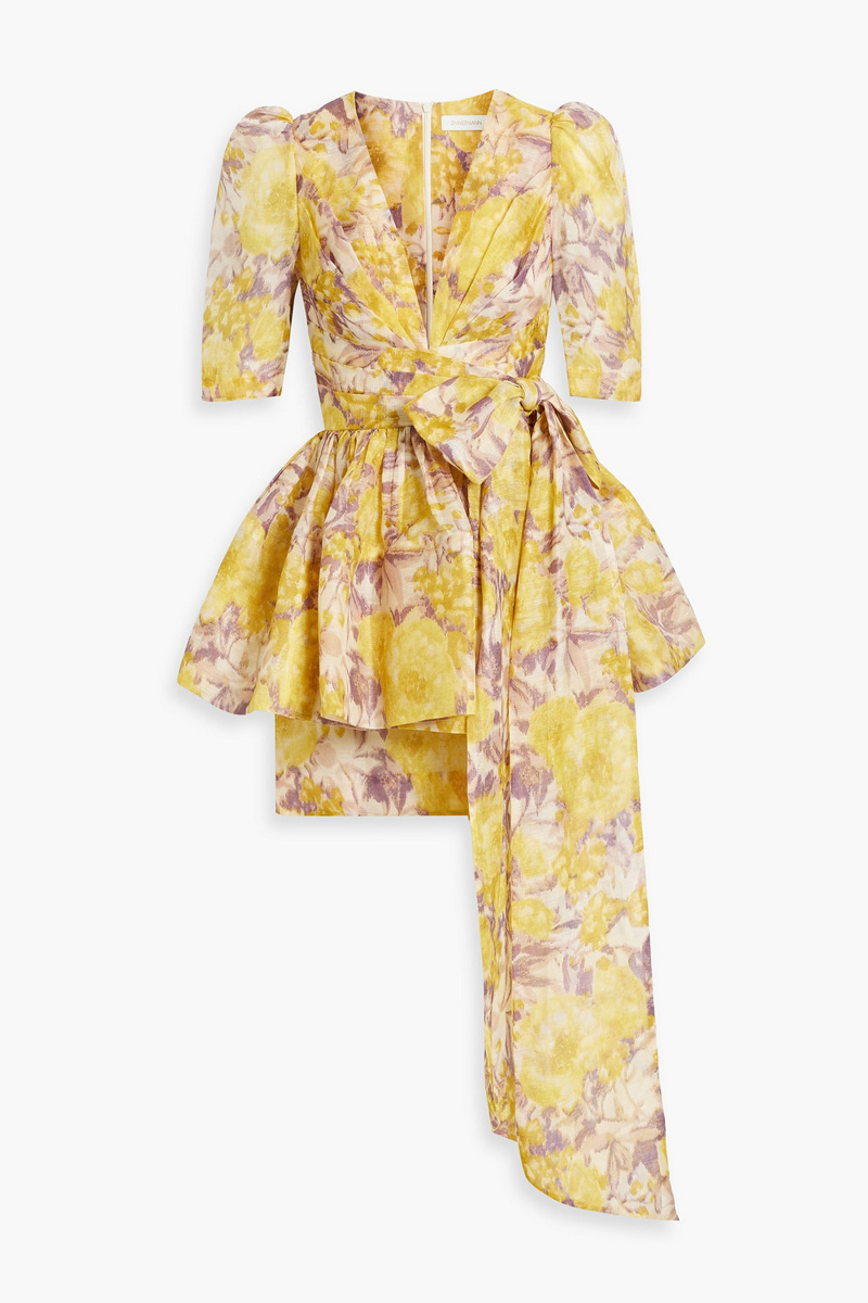 zimmermann - bow-detailed floral-print linen and silk-blend mini dress - yellow - 2