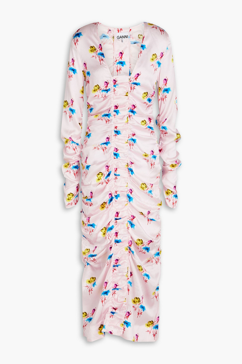 GANNI - Ruched floral-print stretch-silk satin midi dress - Pink - DE 34