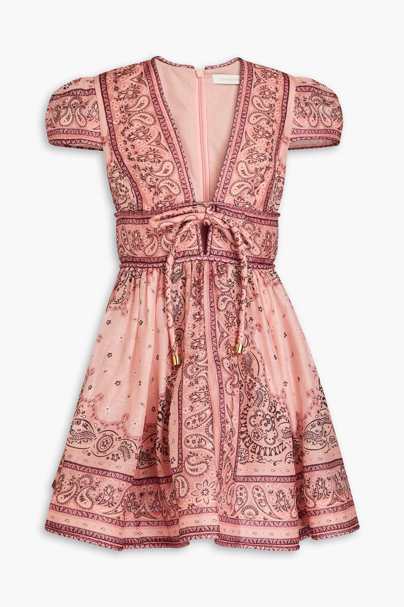 zimmermann - bow-detailed paisley-print linen and silk-blend mini dress - pink - 00
