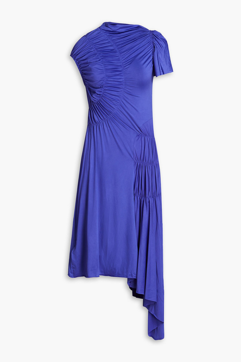 victoria beckham - asymmetric ruched stretch-jersey midi dress - blue - uk 8