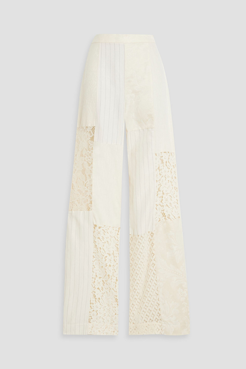 zimmermann - patchwork lace-paneled linen and silk-blend jacquard wide-leg pants - white - 00