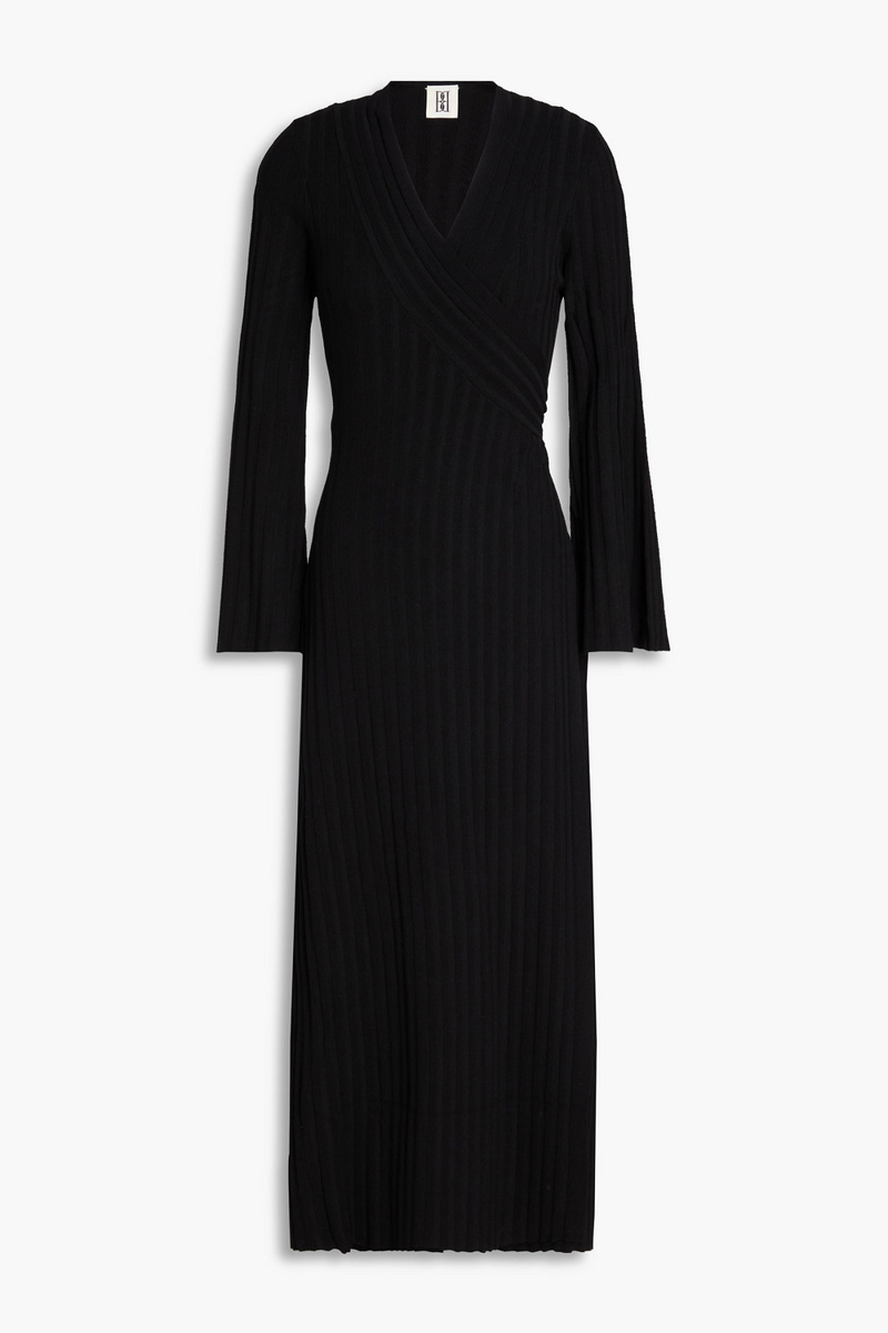 by malene birger - gilena ribbed ecovero™-blend midi wrap dress - black - s