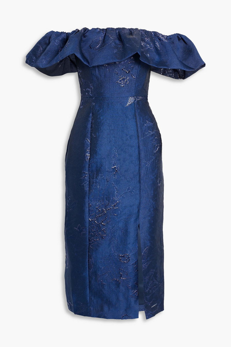ML Monique Lhuillier - Off-the-shoulder metallic fil coupé cloqué midi dress - Blue - US 2