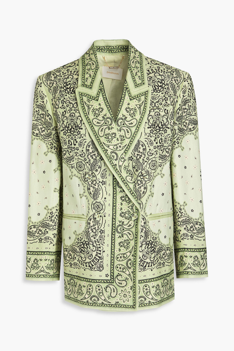 zimmermann - double-breasted paisley-print linen blazer - green - 0