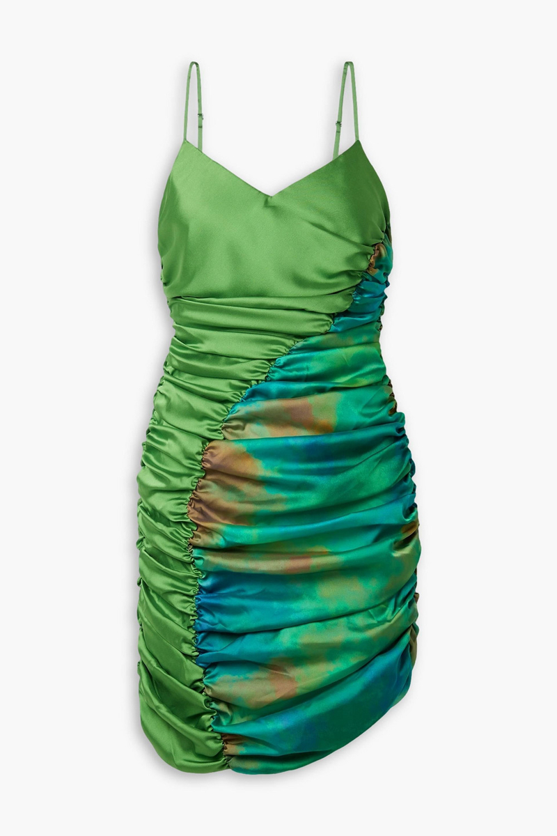 Ahluwalia - Jade ruched printed satin-twill mini dress - Green - UK 6