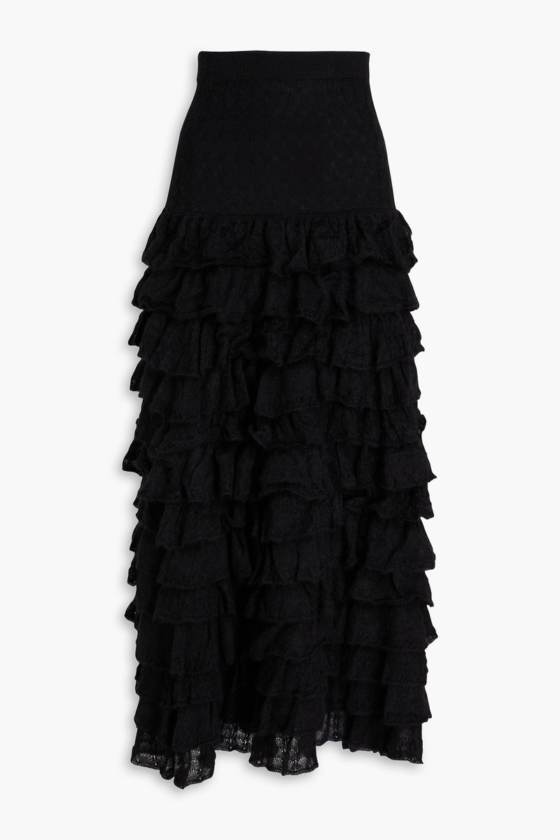 zimmermann - ruffled pointelle-knit maxi skirt - black - 0