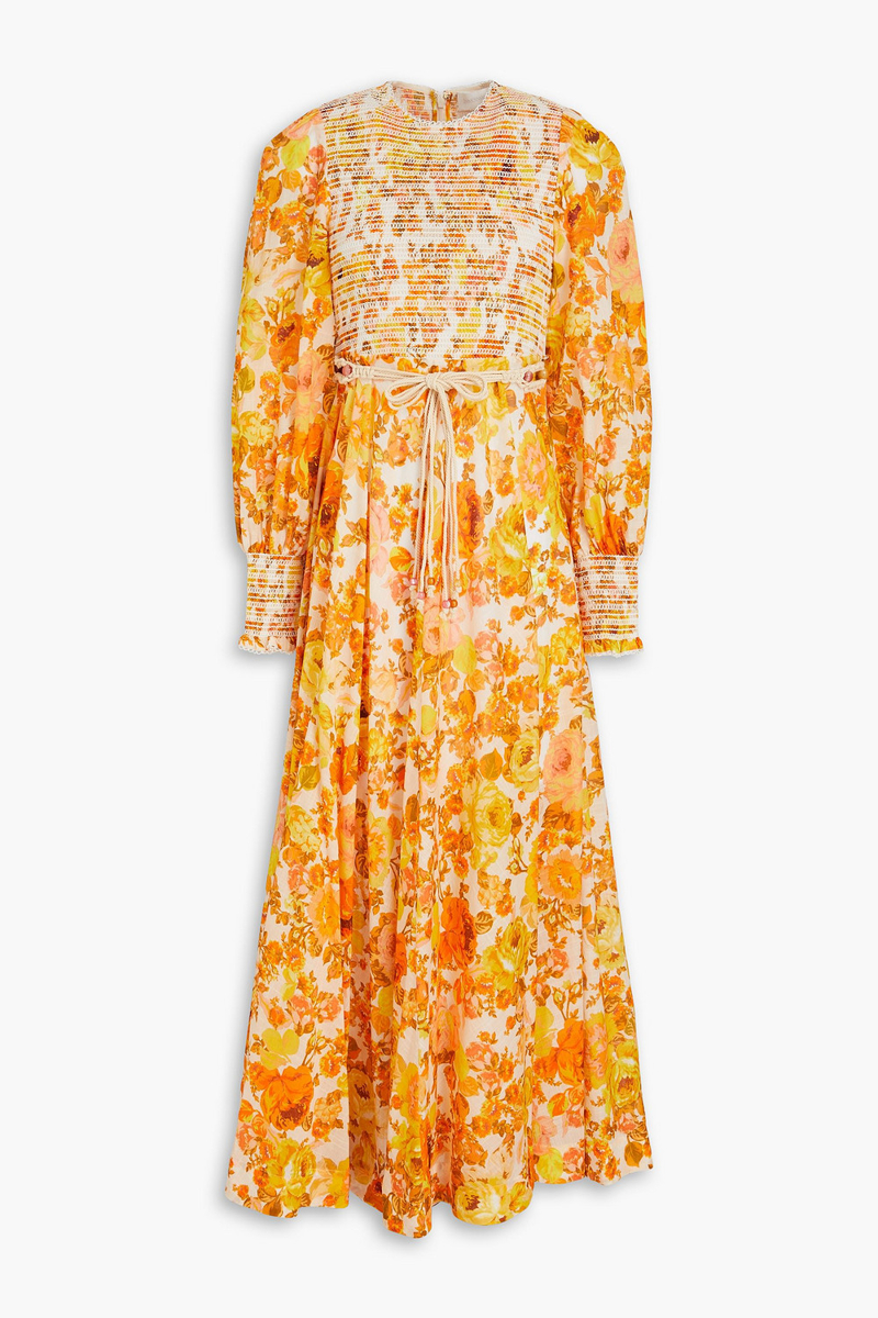 zimmermann - shirred floral-print cotton maxi dress - orange - 00