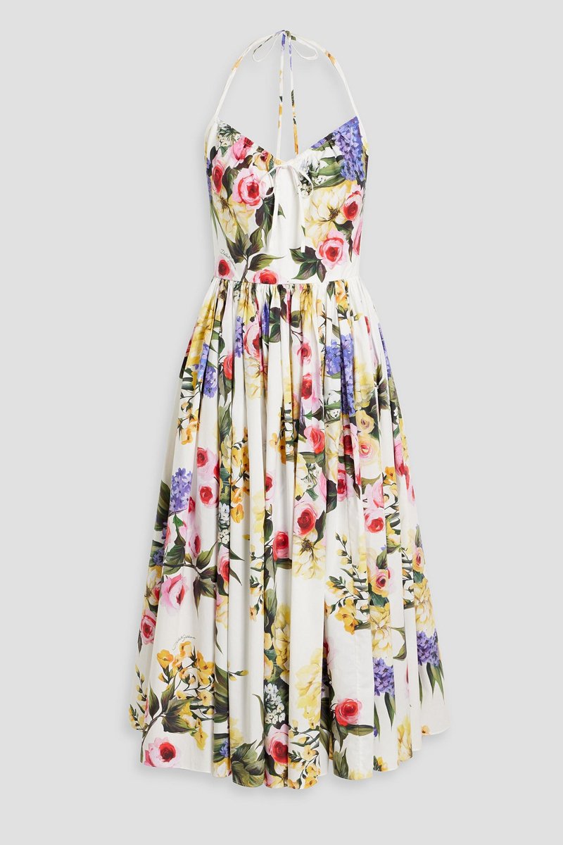 dolce&gabbana - floral-print cotton-poplin halterneck midi dress - white - it 38