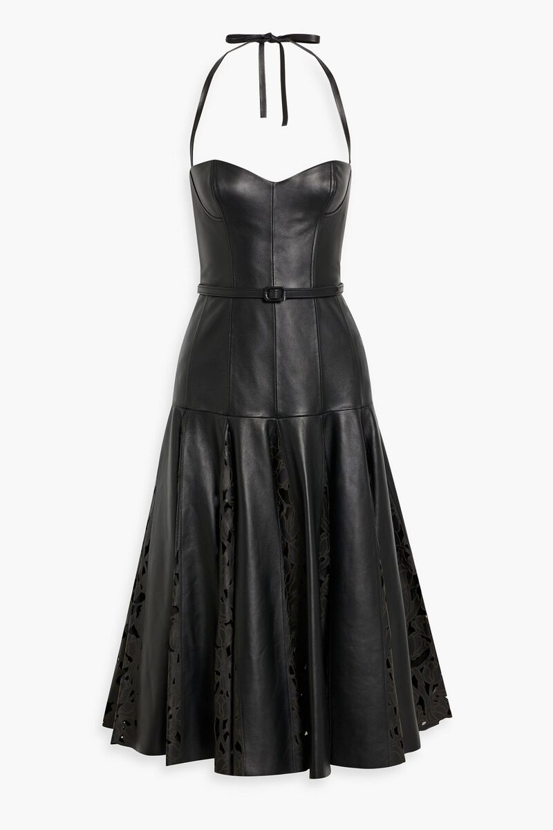 Oscar de la Renta - Laser-cut leather halterneck midi dress - Black - US 0