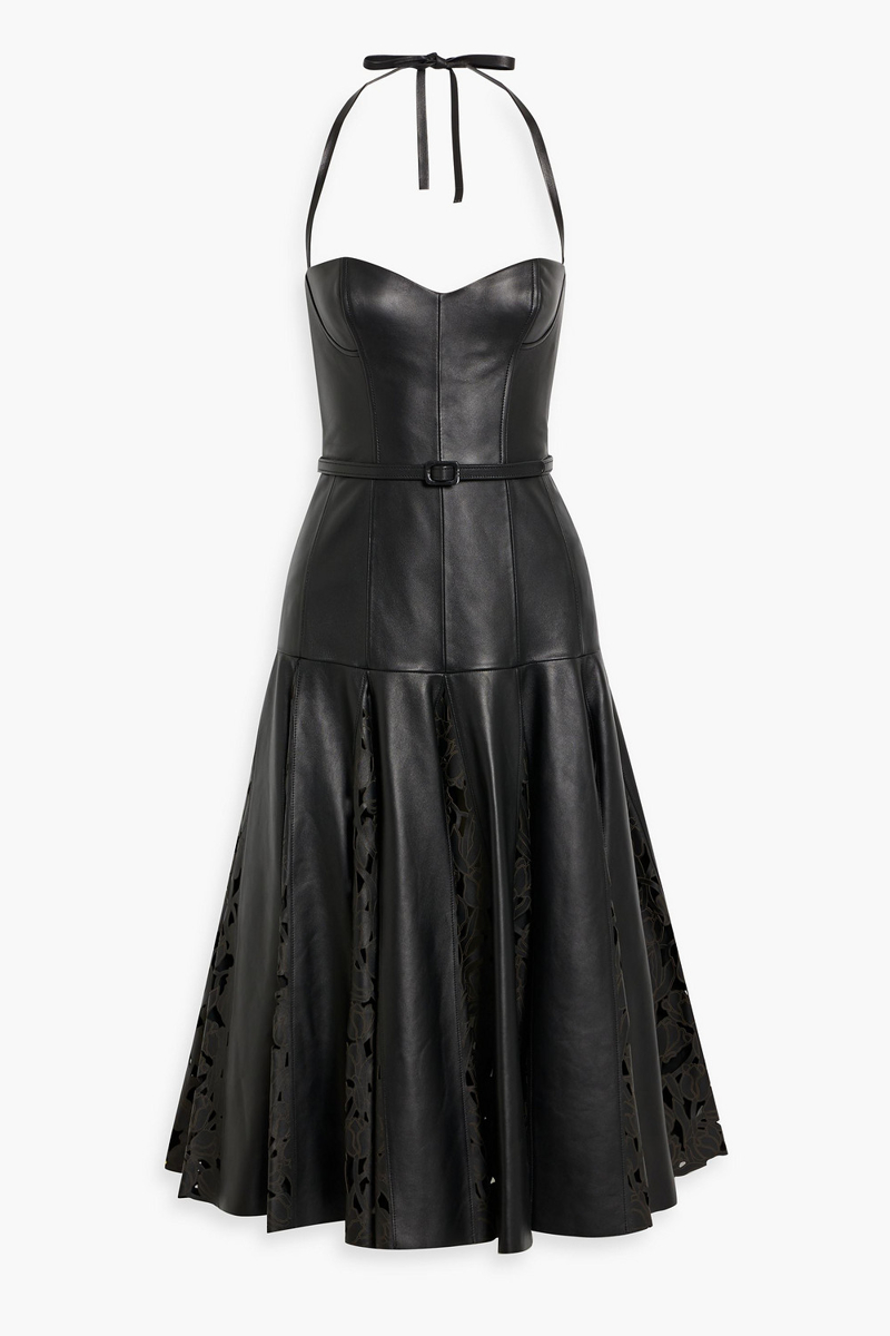 oscar de la renta - laser-cut leather halterneck midi dress - black - us 10