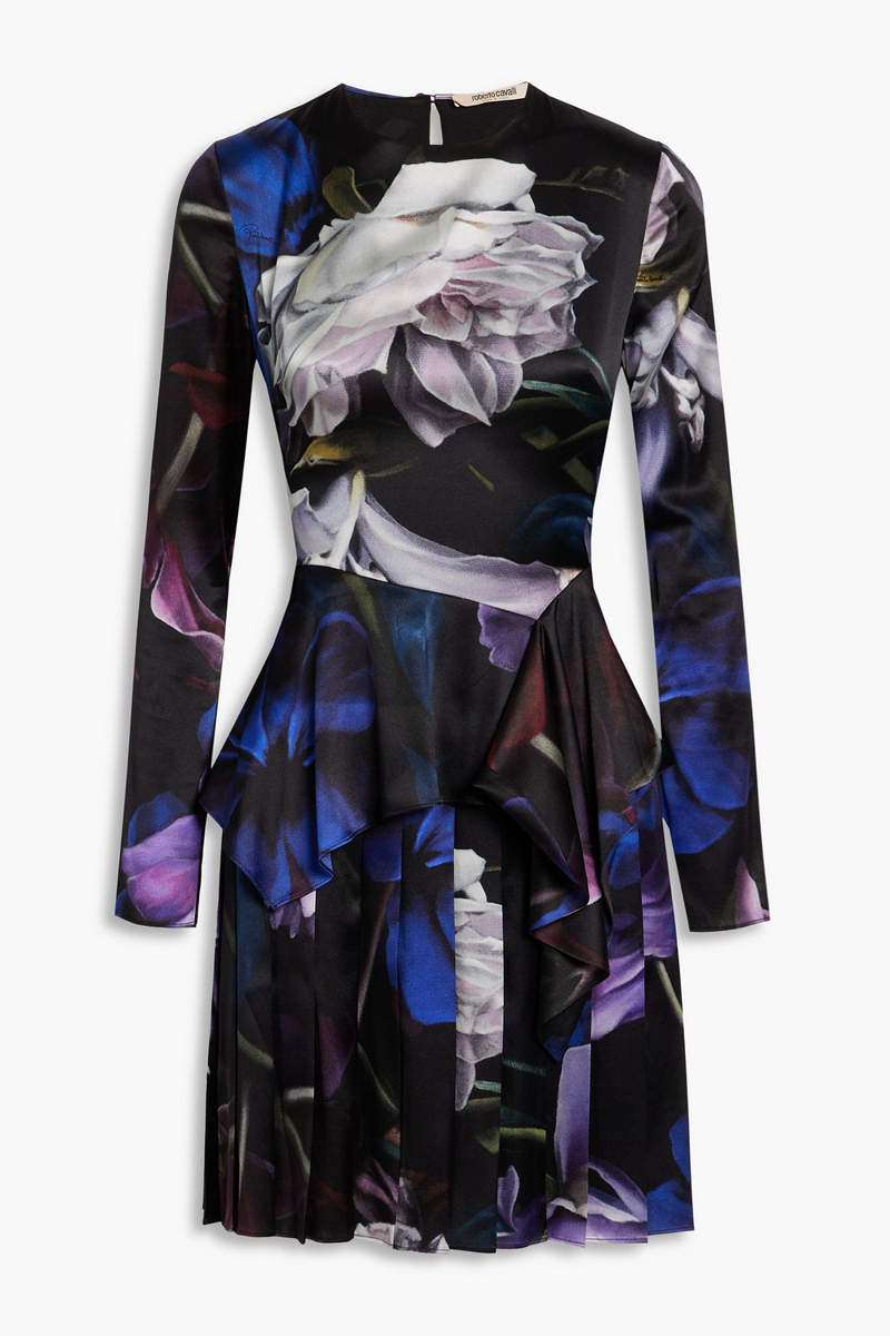 Roberto Cavalli - Pleated floral-print silk-blend peplum mini dress - Purple - IT 40