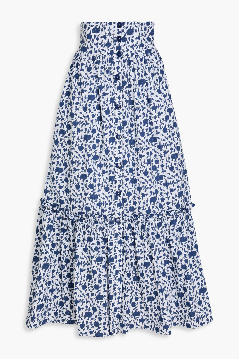 loretta caponi - tecla floral-print cotton maxi skirt - blue - xs