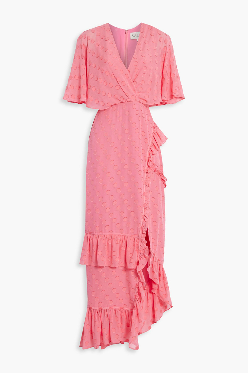 saloni - rose wrap-effect fil coupé silk-blend chiffon maxi dress - pink - uk 4