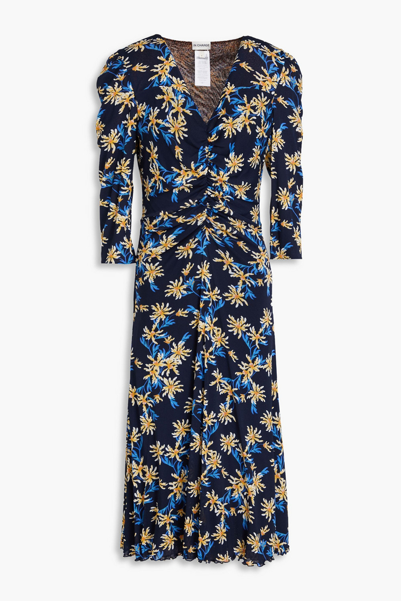 diane von furstenberg - ivan ruched printed stretch-mesh midi dress - blue - xxs