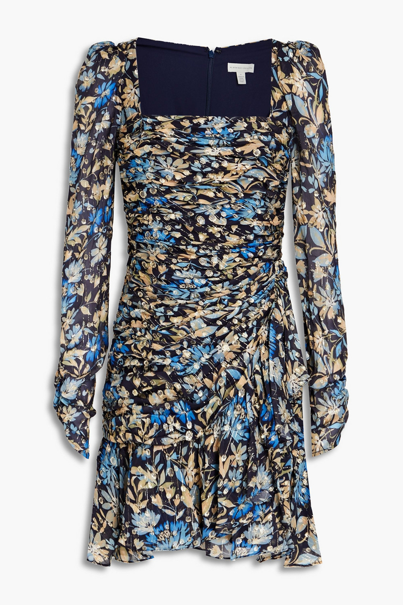 ML Monique Lhuillier - Ruched floral-print metallic fil coupé mini dress - Blue - US 8
