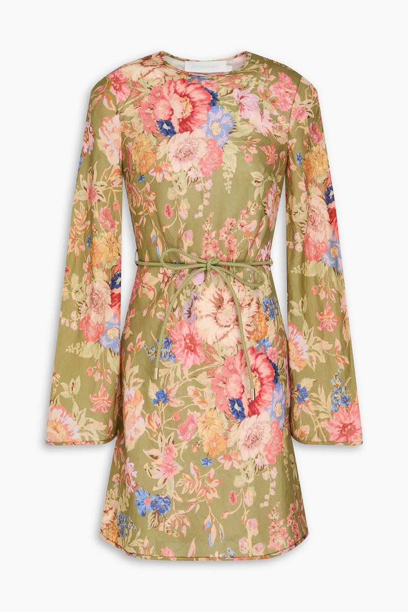 zimmermann - belted floral-print linen mini dress - green - 00