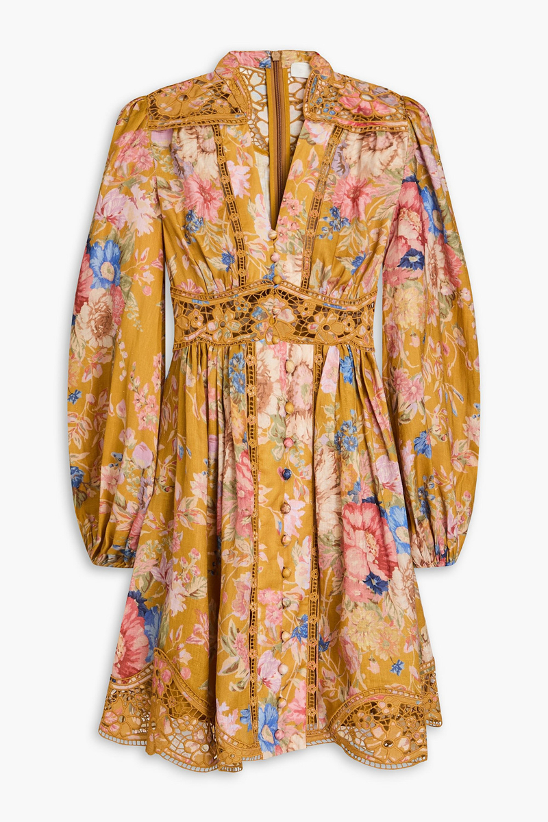 zimmermann - guipure lace-trimmed floral-print linen mini dress - yellow - 00