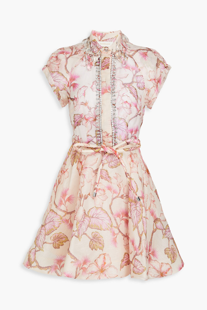 zimmermann - crystal-embellished floral-print linen and silk-blend gauze mini dress - pink - 0