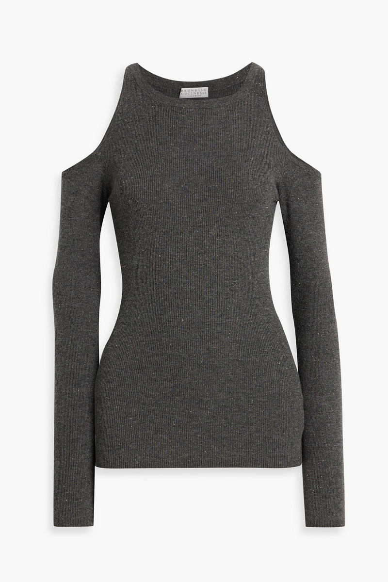 brunello cucinelli - cutout metallic ribbed-knit sweater - gray - m