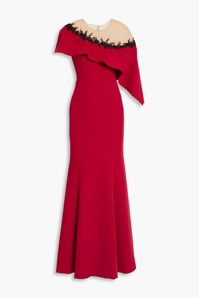 Marchesa Notte - Embellished tulle-paneled draped crepe gown - Red - US 0