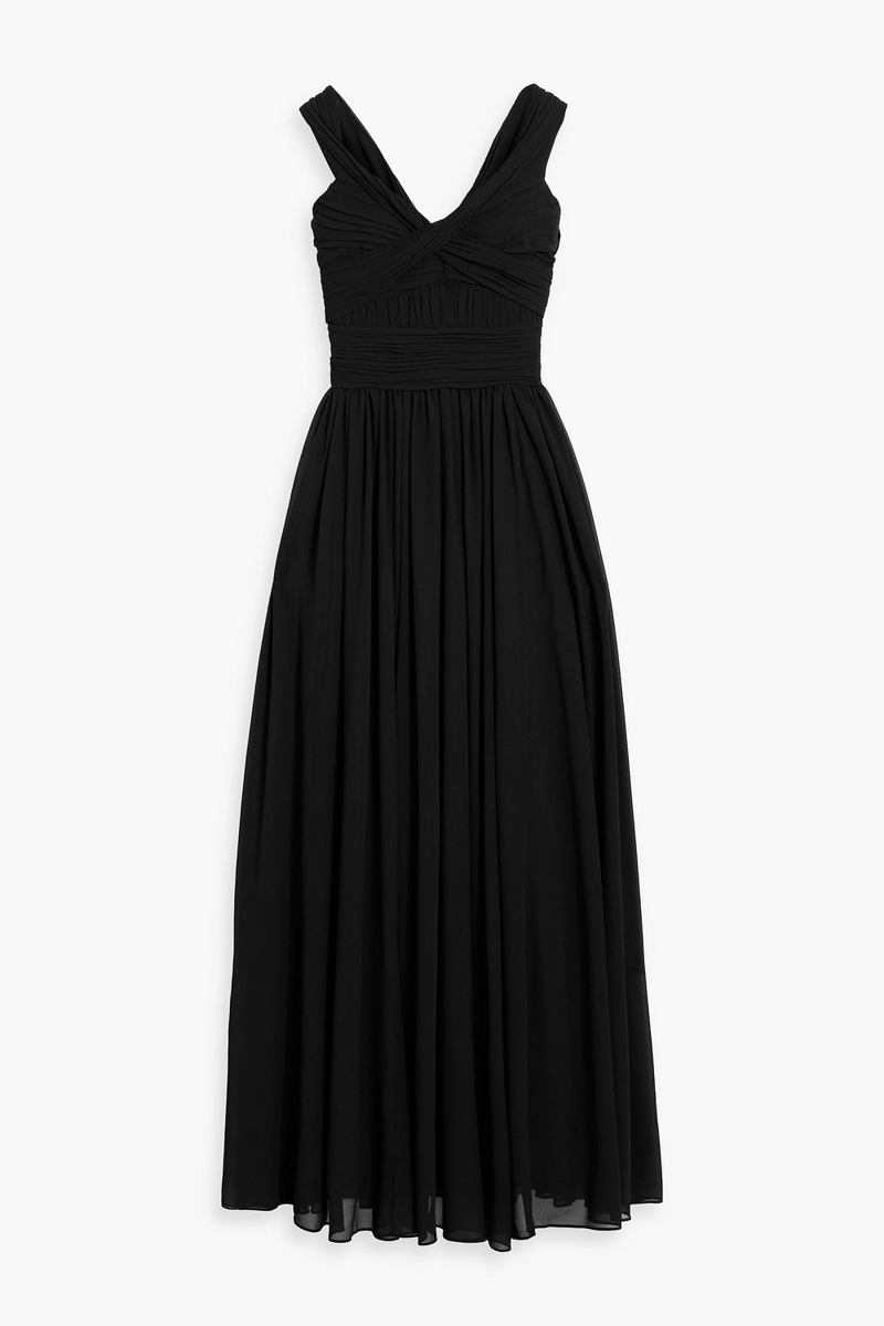badgley mischka - off-the-shoulder pintucked georgette gown - black - us 2