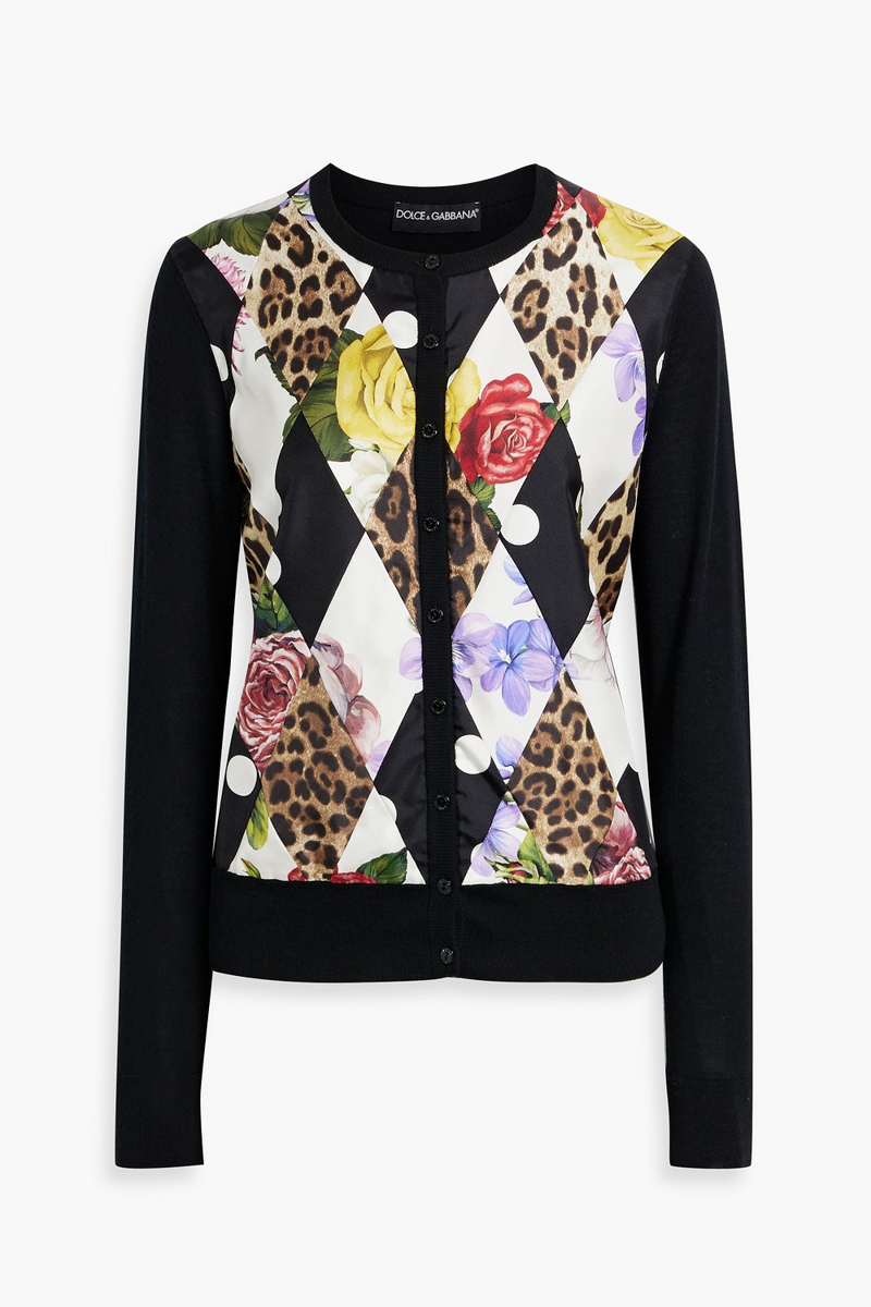 dolce&gabbana - printed twill-paneled cashmere-blend cardigan - black - it 36