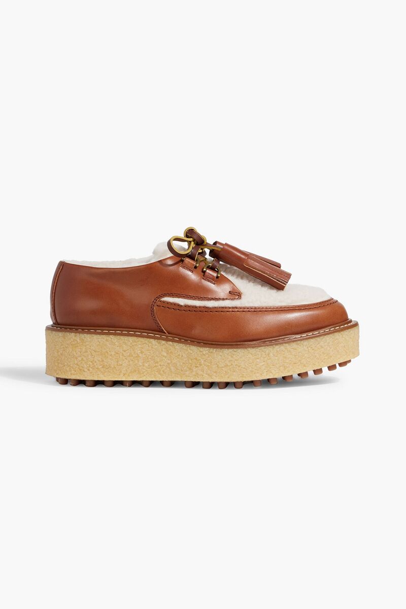 Tod's - Shearling and leather platform brogues - Brown - EU 35.5