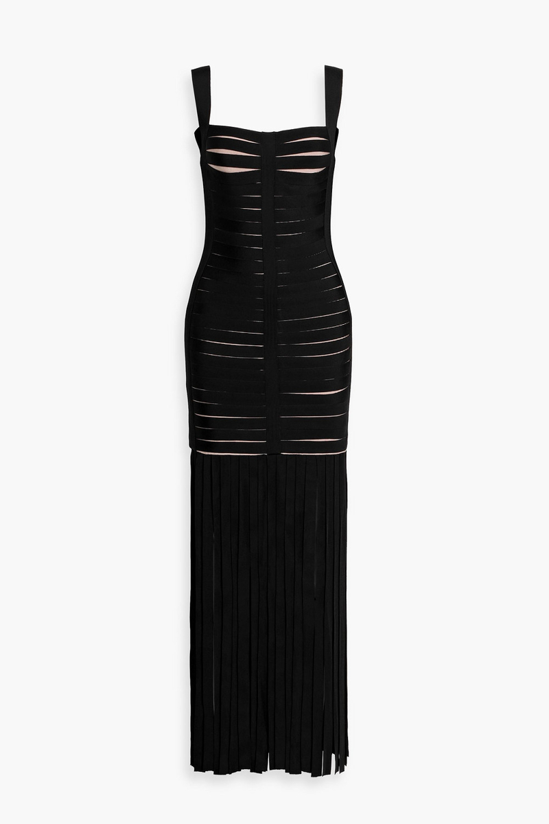 hervé léger - alessandra fringed cutout bandage gown - black - xxs