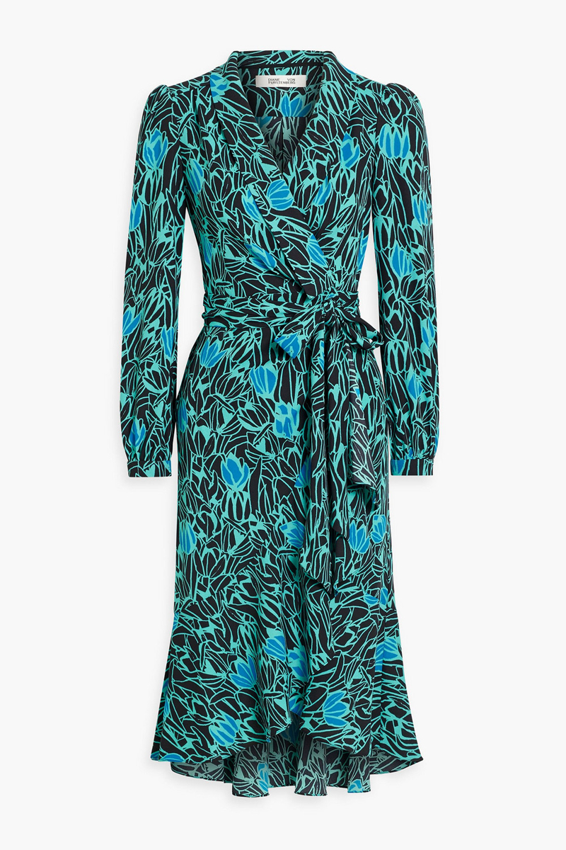Diane von Furstenberg - Carla ruffled printed crepe midi wrap dress - Blue - XXS