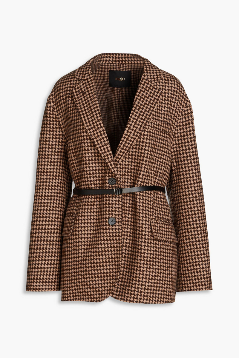 Maje - Belted houndstooth wool-blend blazer - Brown - 1