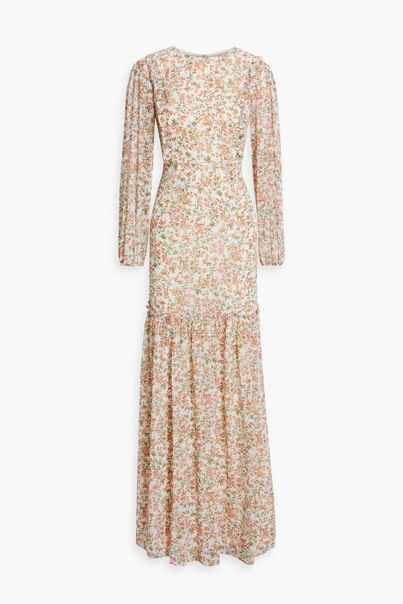 Mikael Aghal - Gathered floral-print crepe de chine maxi dress - Neutral - US 6