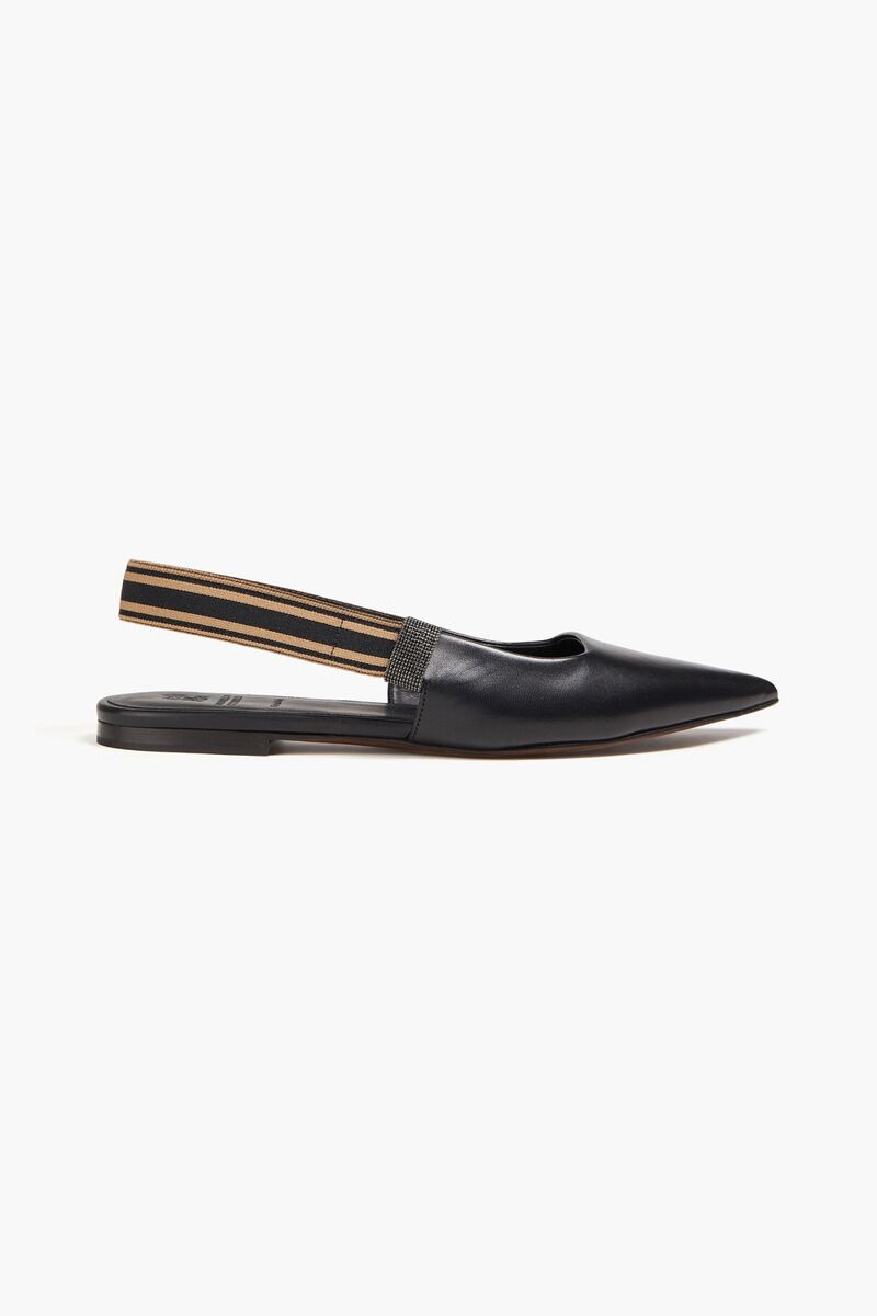 Brunello Cucinelli - Bead-embellished leather slingback point-toe flats - Black - EU 37
