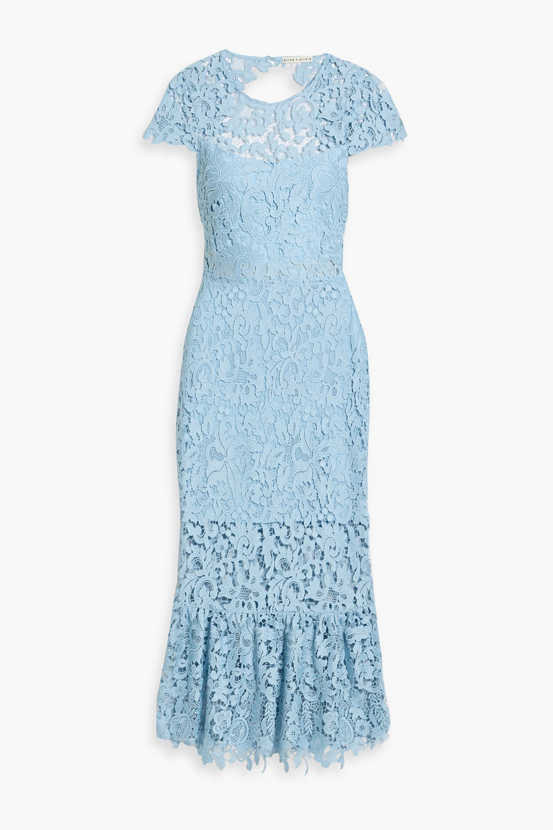 alice olivia - clover open-back guipure lace midi dress - blue - us 0