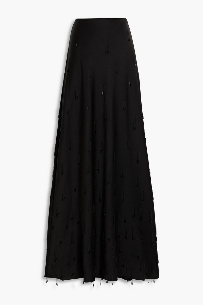 simkhai - kade fringed bead-embellished satin maxi skirt - black - us 2