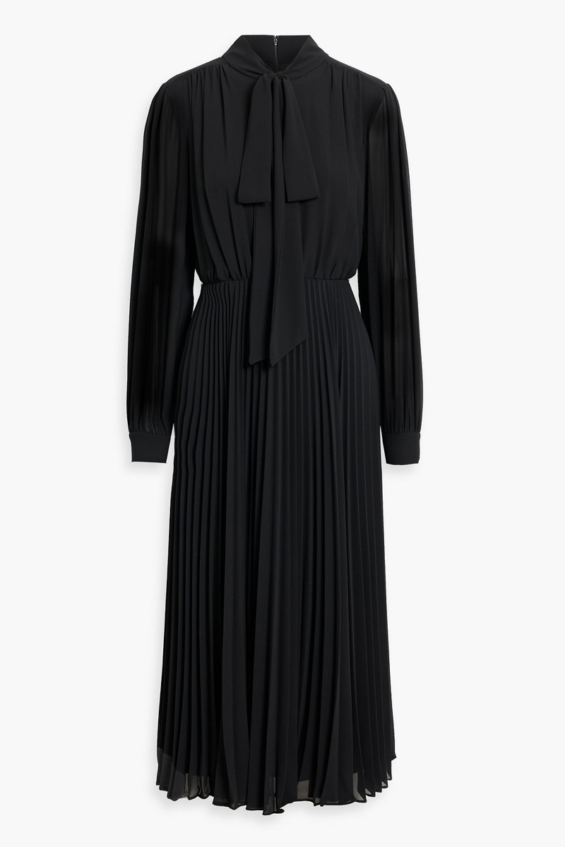 mikael aghal - pussy-bow pleated chiffon midi dress - black - us 10