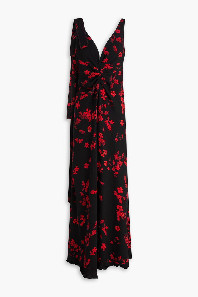 victoria beckham - open-back tie-detailed gathered floral-print crepe maxi dress - black - uk 6