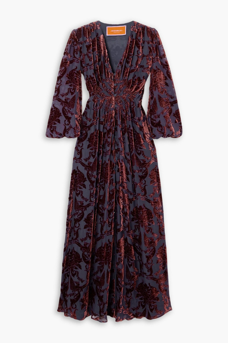 la double j. - camerino devoré-velvet maxi dress - burgundy - xxs